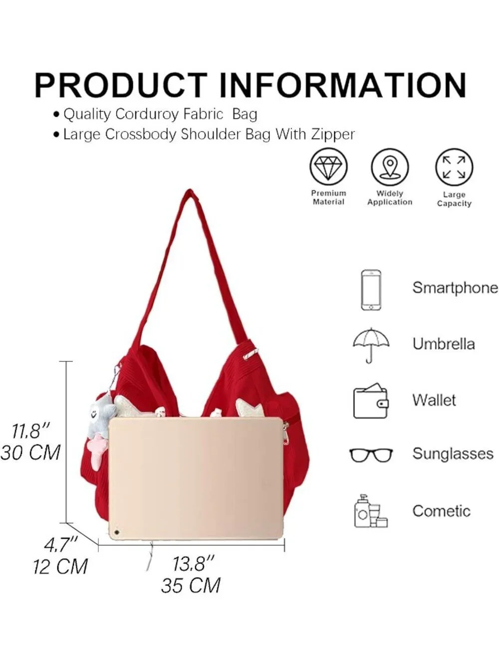 Women's Red Multiple Pockets Zipper Aesthetic Hobo Bag Crossbody Handbag